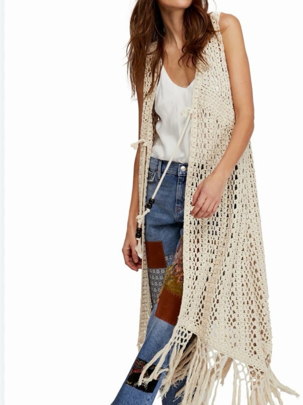 Free People Play It Cool Crochet Fringe Duster Kimono Vest Ivory XS/S NWT